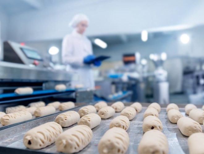 Consistency in food factory operations A food factory worker in a white coat, hairnet and blue gloves holds a clipboard while overseeing rows of unbaked dough rolls on a production line conveyor belt.
