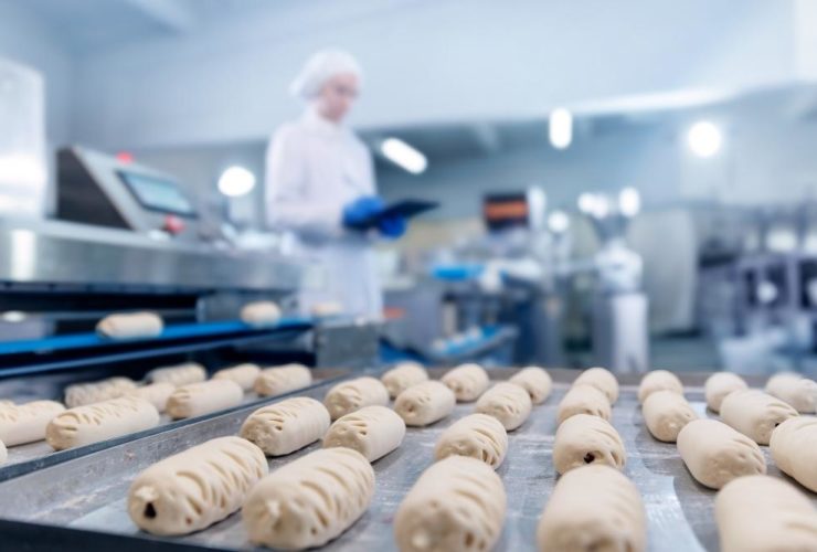 Consistency in food factory operations A food factory worker in a white coat, hairnet and blue gloves holds a clipboard while overseeing rows of unbaked dough rolls on a production line conveyor belt.