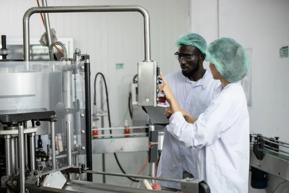 Two factory workers in protective clothing review a control panel on a production line, demonstrating hands-on food safety management training.