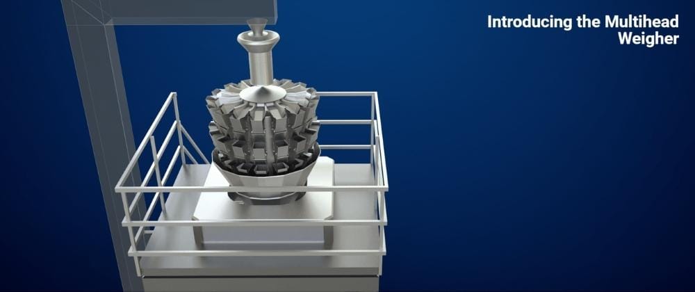 How food factories benefit from targeted learning modules A 3D illustration of a multihead weigher machine mounted on a platform with safety railings, labelled "Introducing the Multihead Weigher".