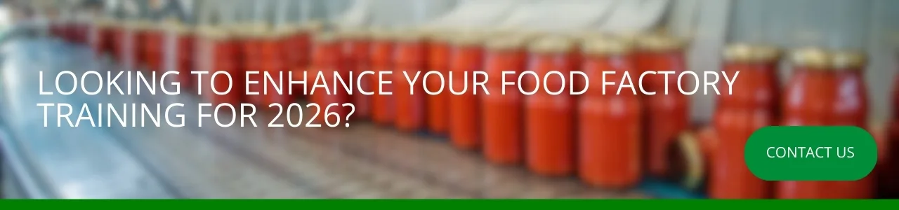 Looking to futureproof your food factory training for 2026: Blurred food production line with jars in the background and overlay text promoting food factory training for 2026
