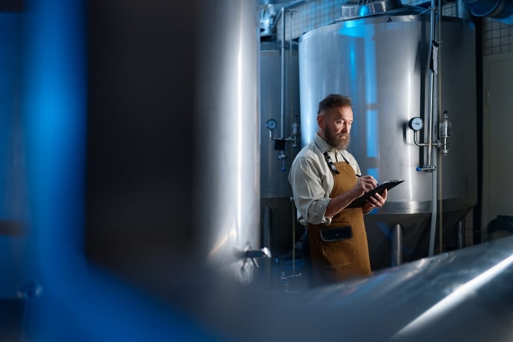 UK food and beverage industry outlook 2026: Worker using a tablet to monitor equipment inside an industrial food processing facility