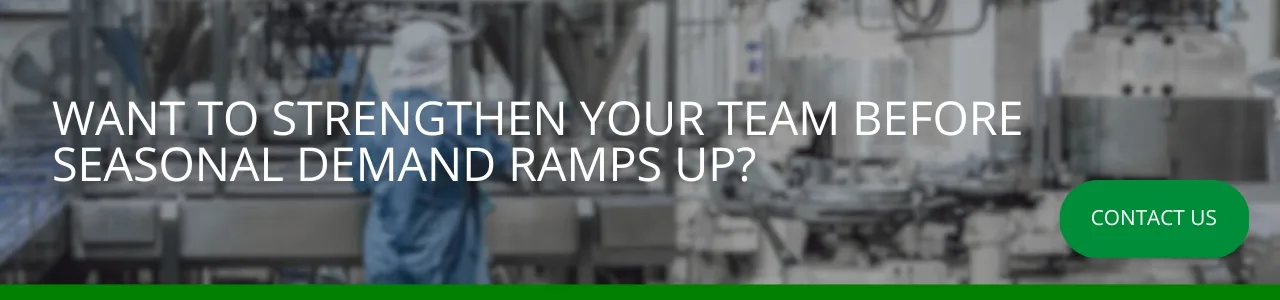 A blurred factory production line sits behind a banner about preparing teams for peak periods, echoing the message about strengthening your team before seasonal demand ramps up.