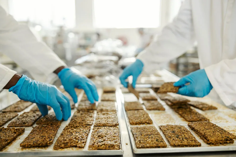 Food factory workers on a production line, arranging food.