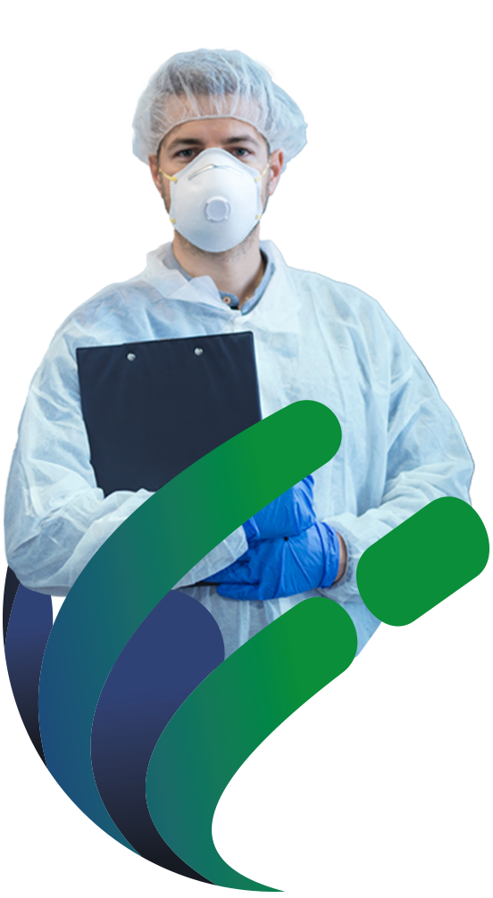 man in a mask and hairnet