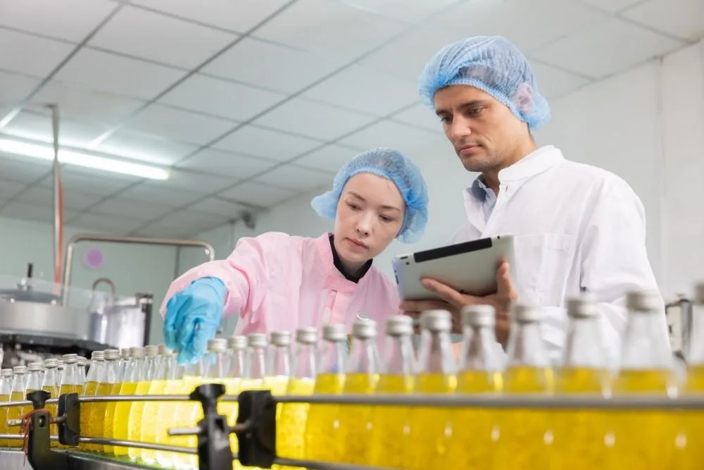 Staff retention in food manufacturing: Two food factory workers in hairnets and lab coats standing at a bottling conveyor line, with one holding a tablet whilst the other inspects a yellow-filled glass bottle.